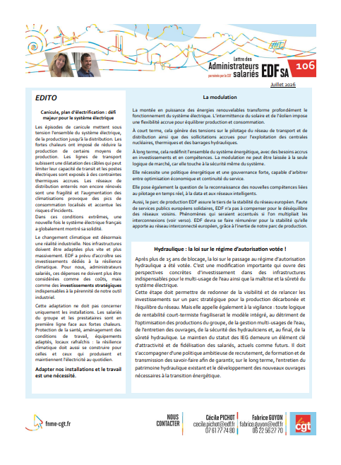 [EDF SA] Lettre des administrateurs salariés CGT&nbsp;: Hydraulique, modulation…